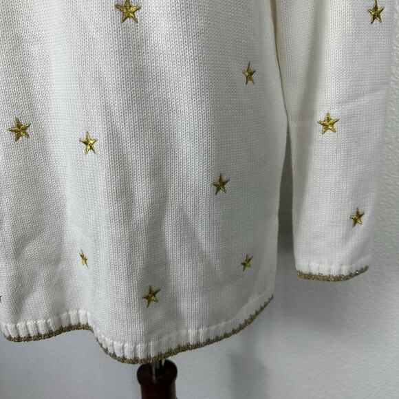 VTG Quacker Factory Sweater Medium Oversized Cream Turtleneck Gold Stars Holiday - Picture 5 of 12